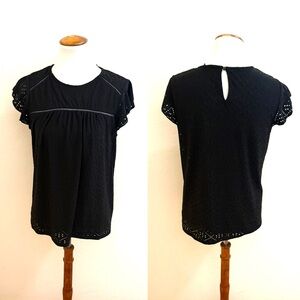 Adrianna Papell Black Ruffle Sleeve Eyelet Knit Blouse
